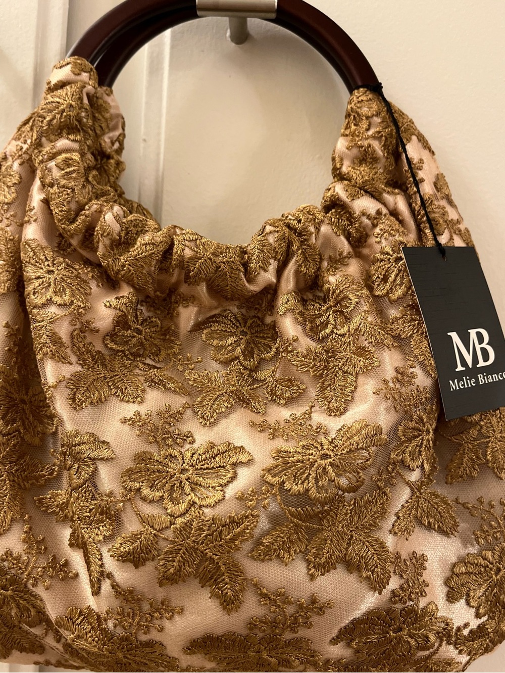 NWT Melie Bianco Gold Lace Embroidered Satchel with Wooden Ring Handle Bag